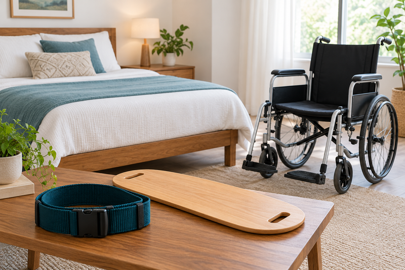 Empty wheelchair near a bed, with a transfer board and transfer belt on a separate table