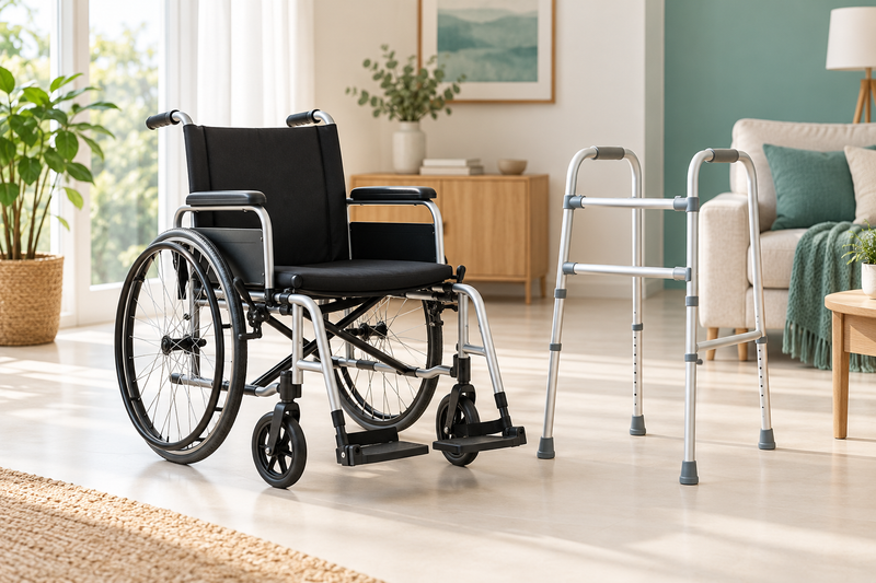 Manual wheelchair and walking frame in a clear, light-filled home setting