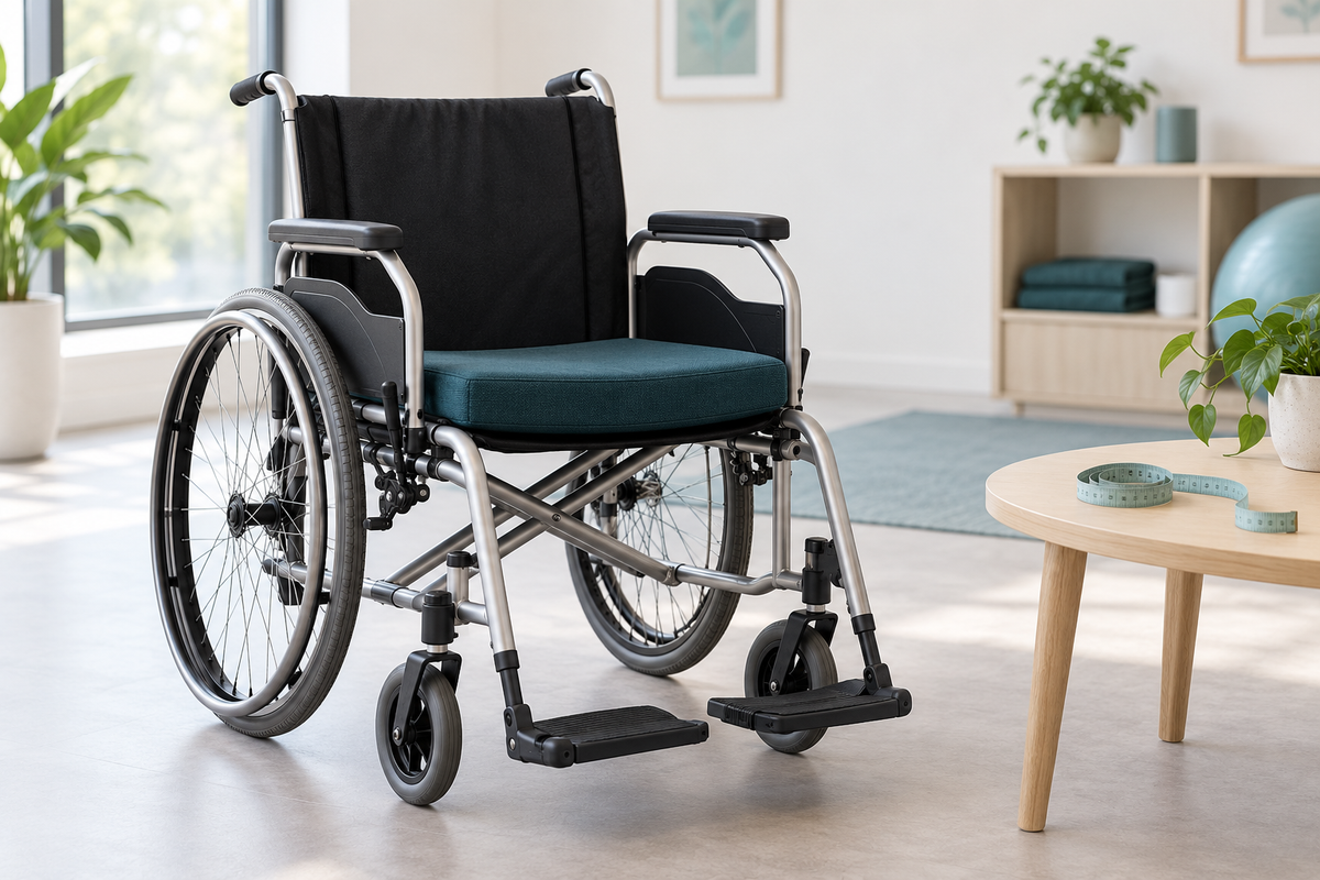 Manual wheelchair with a fitted seat cushion and a measuring tape on a nearby table